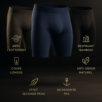 Infographie des avantages du boxer Aven Paris : anti-odeur, coupe longue, effet seconde peau et bambou naturel.
