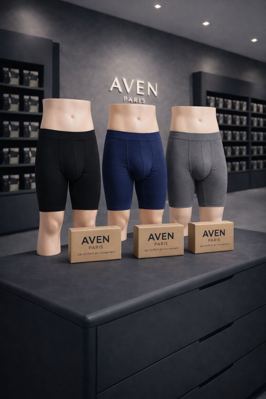 Collection de boxers longs Aven Paris présentée sur mannequins : coloris noir, bleu marine et gris.