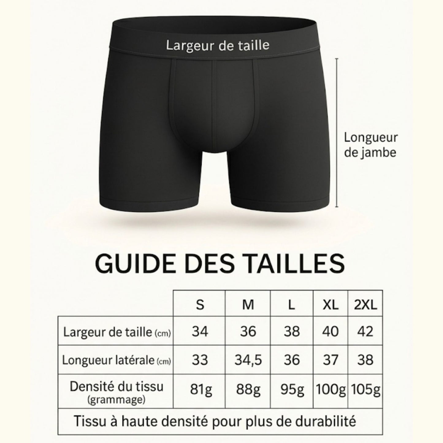 Tableau des tailles et mesures pour boxer long homme du S au 2XL avec densité du tissu.