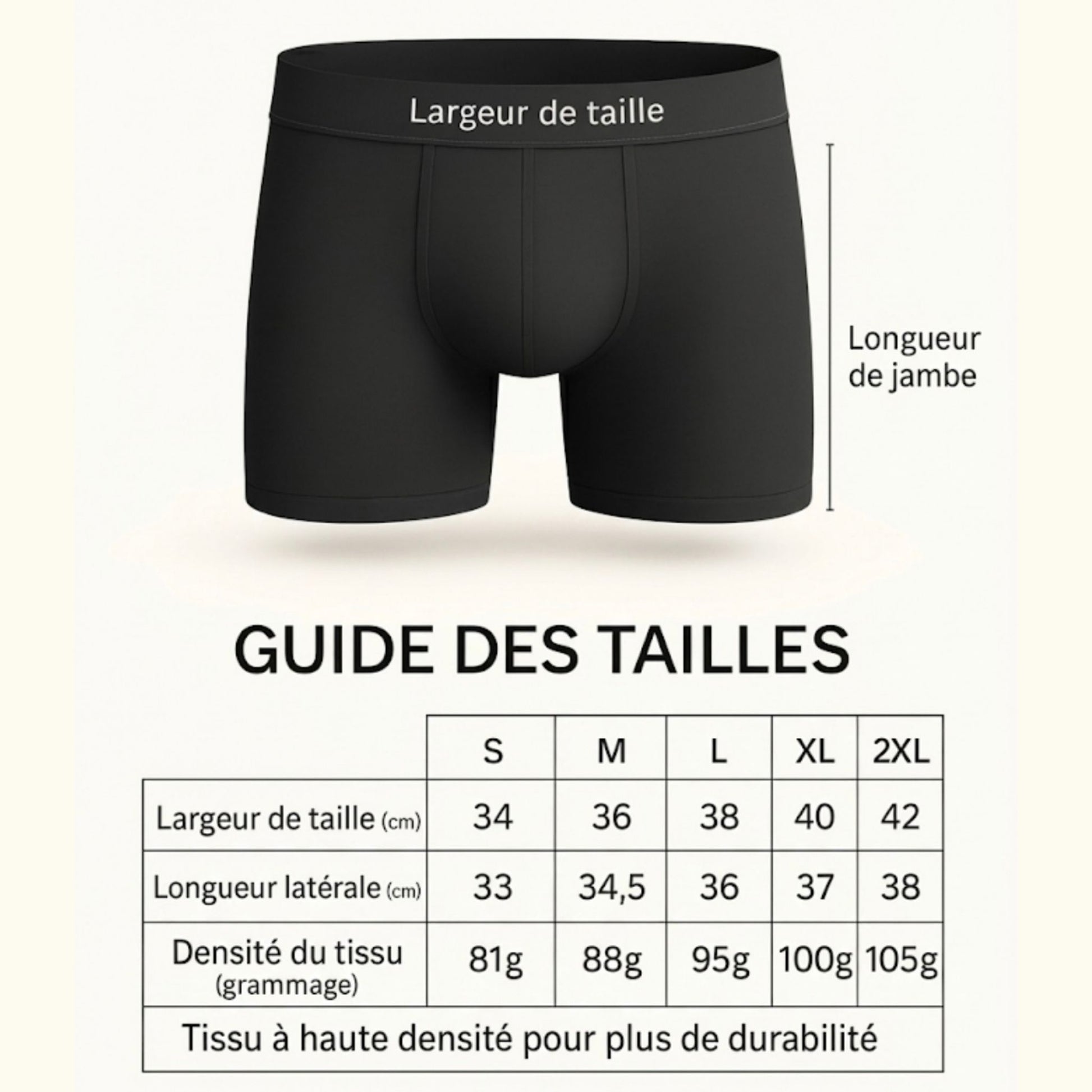 Tableau des tailles et mesures pour boxer long homme du S au 2XL avec densité du tissu.