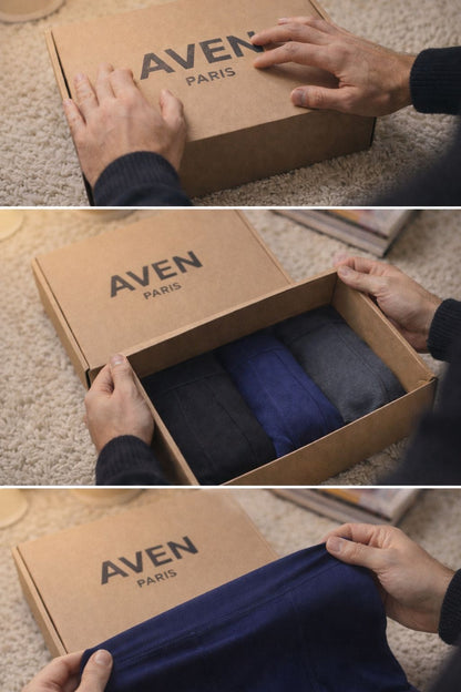 Expérience unboxing du pack de boxers Aven Paris dans son emballage éco-responsable premium.