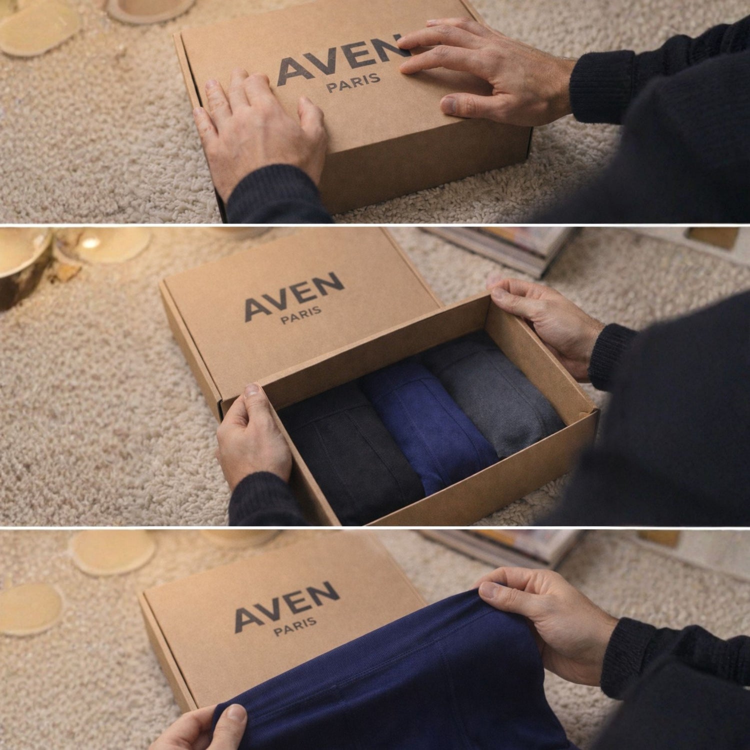 Expérience unboxing du pack de boxers Aven Paris dans son emballage éco-responsable premium.